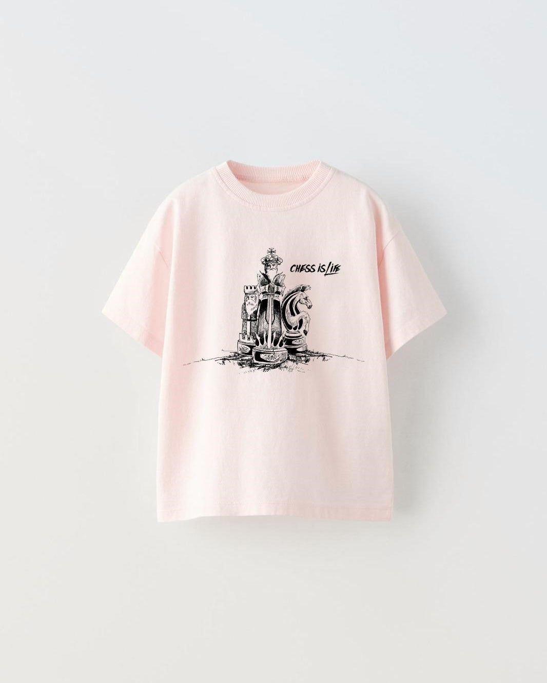 Chess is Life Yazılı Satranç Tasarım Baskılı Pembe Çocuk T-Shirt