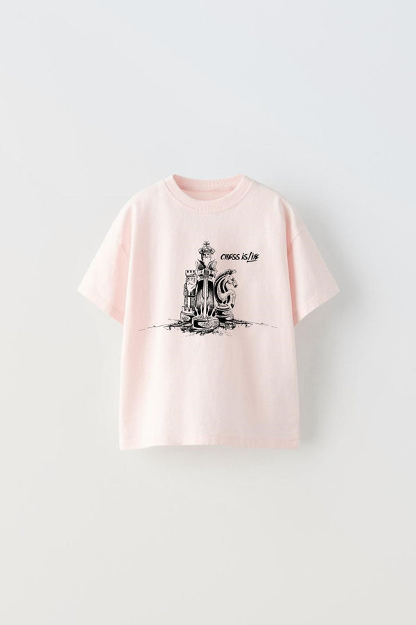 Chess is Life Yazılı Satranç Tasarım Baskılı Pembe Çocuk T-Shirt