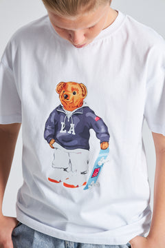 Teddy Bear Kaykay Tasarım  Baskılı %100 Pamuk Erkek Oversize Çocuk Tişört Beyaz