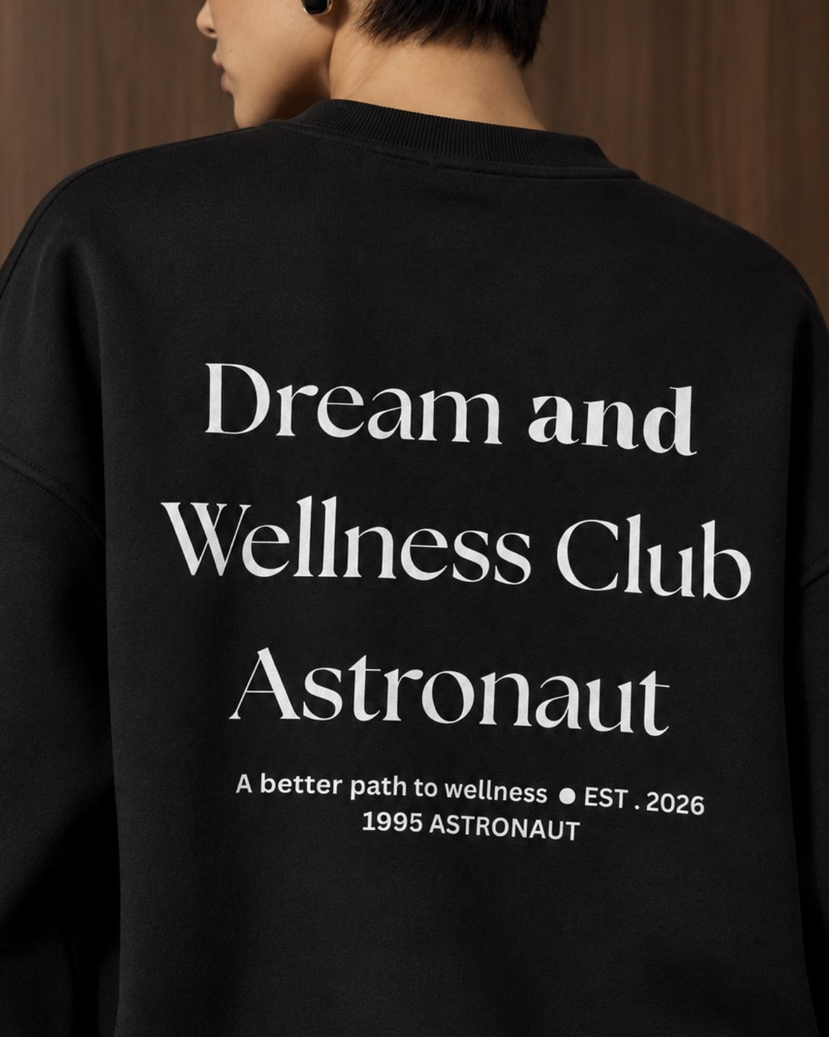 Kadın Oversize Sweatshirt Wellness Baskılı Siyah – Bisiklet Yaka, 3 İplik Şardonlu Polar, Düşük Omuz