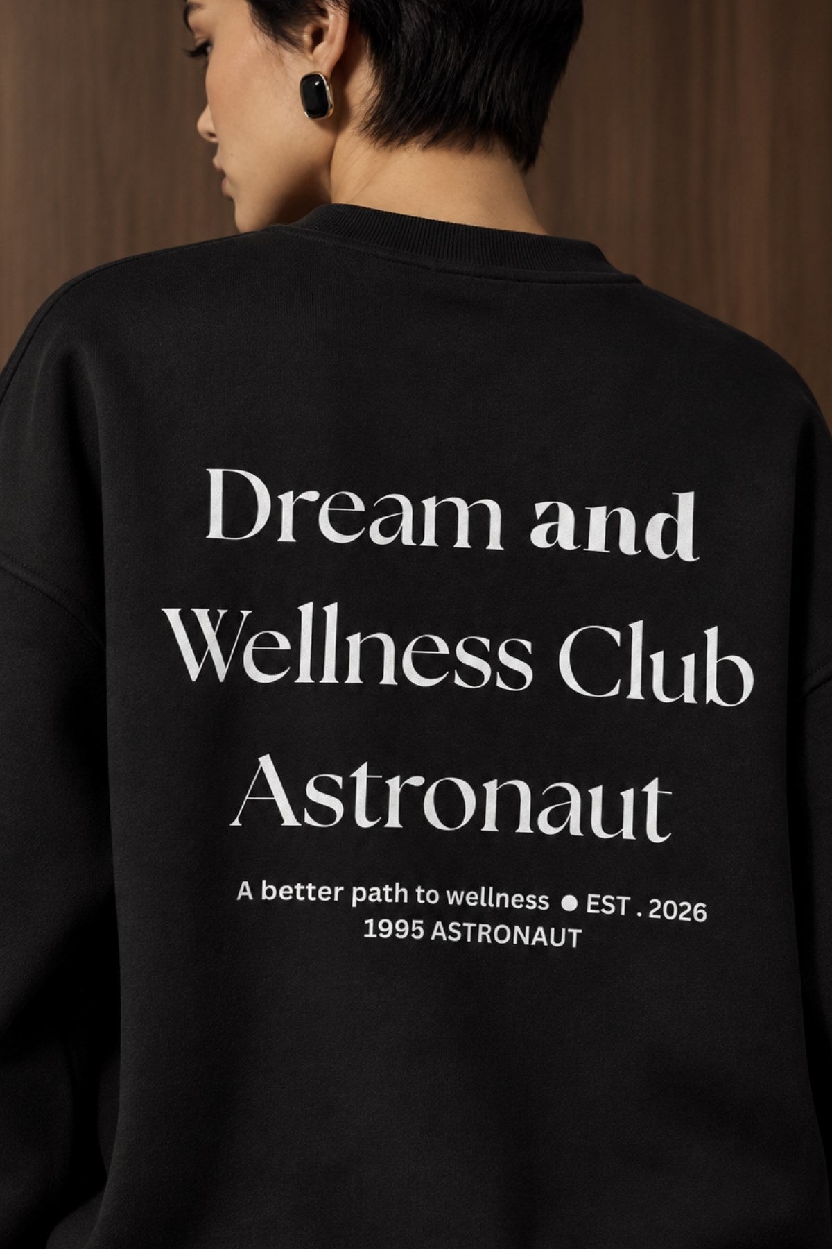 Kadın Oversize Sweatshirt Wellness Baskılı Siyah – Bisiklet Yaka, 3 İplik Şardonlu Polar, Düşük Omuz