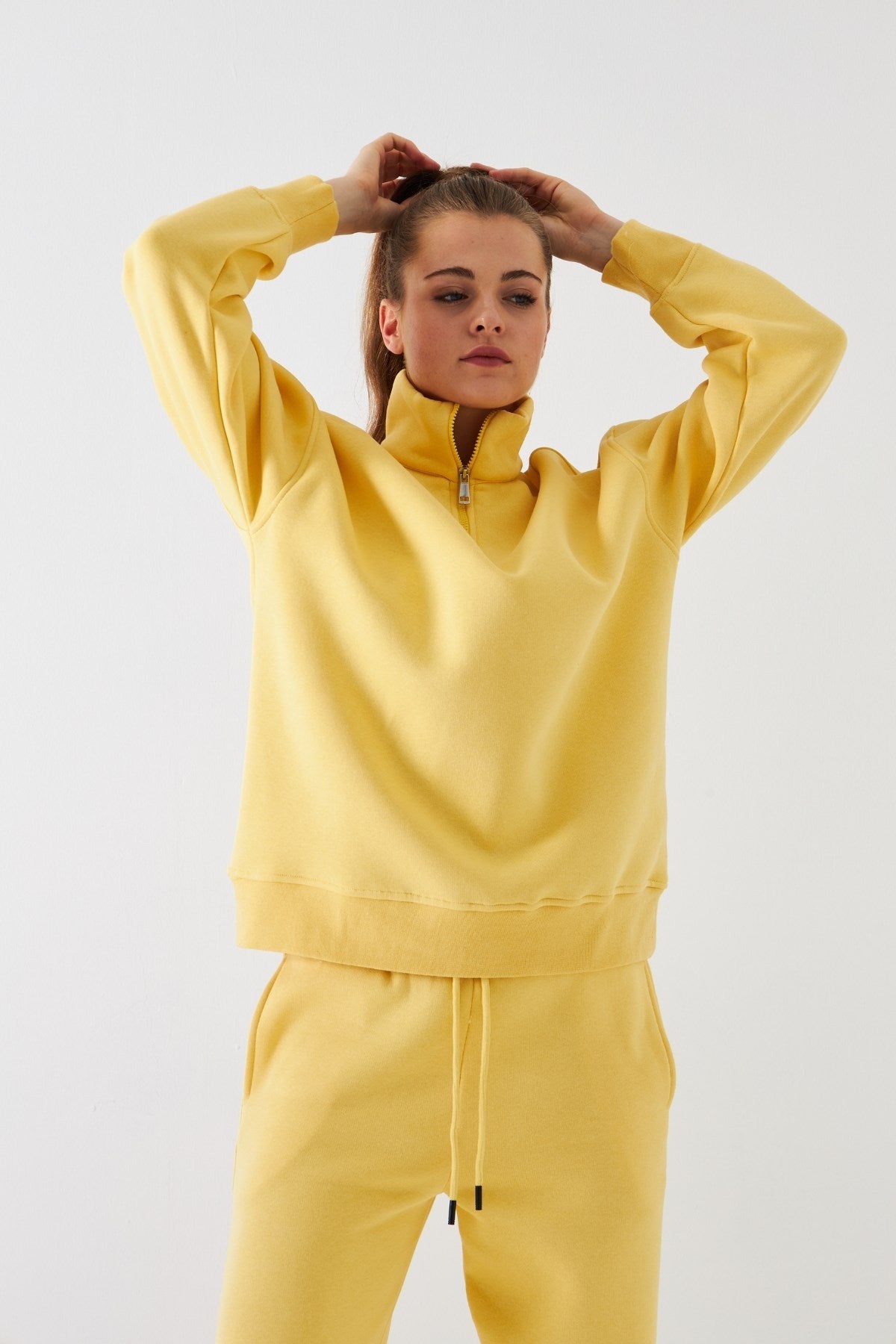 Unisex Oversize Sweatshirt Basic Sarı – Yarım Fermuar Dik Yaka, 3 İplik Şardonlu Polar