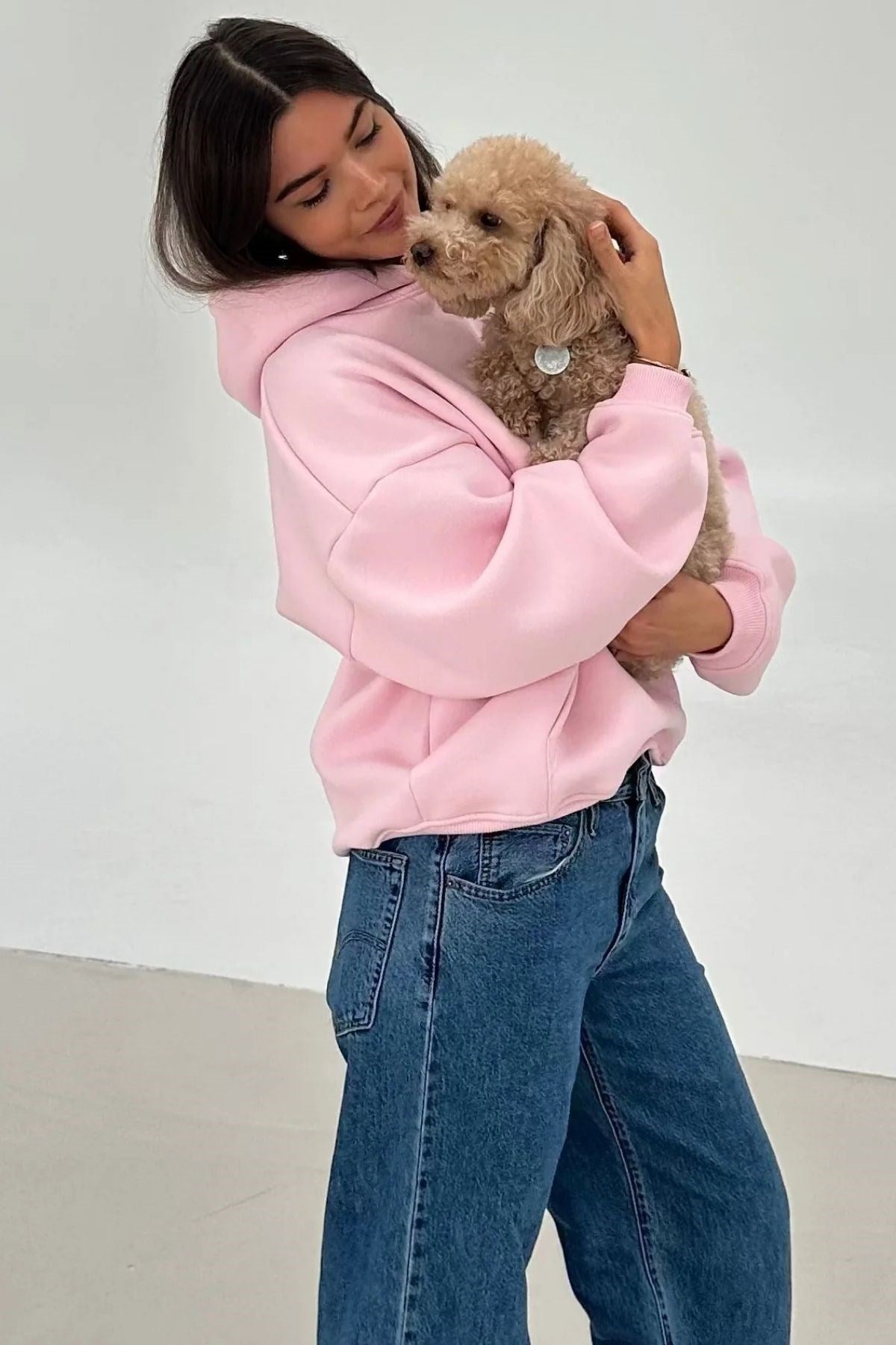 Kadın Oversize Sweatshirt Hoodie AMORE Pembe – Kapüşonlu, 3 İplik Polar, Kanguru Cepli