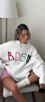 Kadın Oversize Sweatshirt Elbise Color Pop Baskılı Beyaz – Bisiklet Yaka, 3 İplik Şardonlu Polar