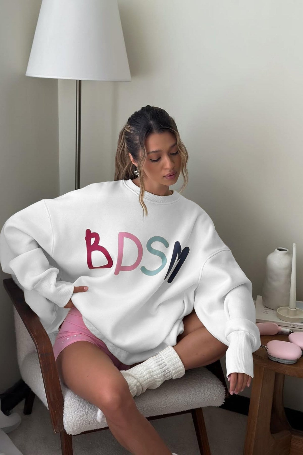 Kadın Oversize Sweatshirt Elbise Color Pop Baskılı Beyaz – Bisiklet Yaka, 3 İplik Şardonlu Polar