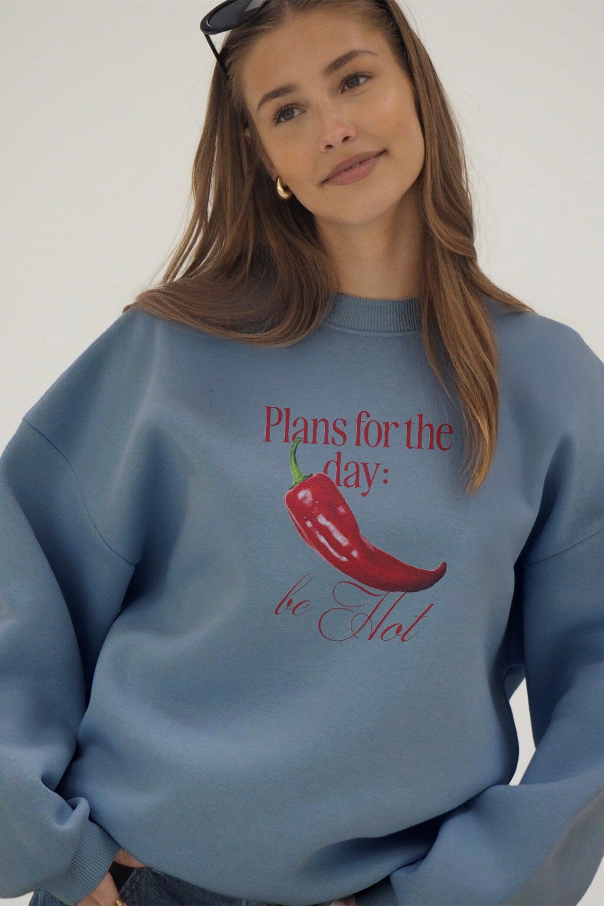 Kadın Oversize Sweatshirt Be Hot Baskılı Marine – Bisiklet Yaka, 3 İplik Şardonlu Polar