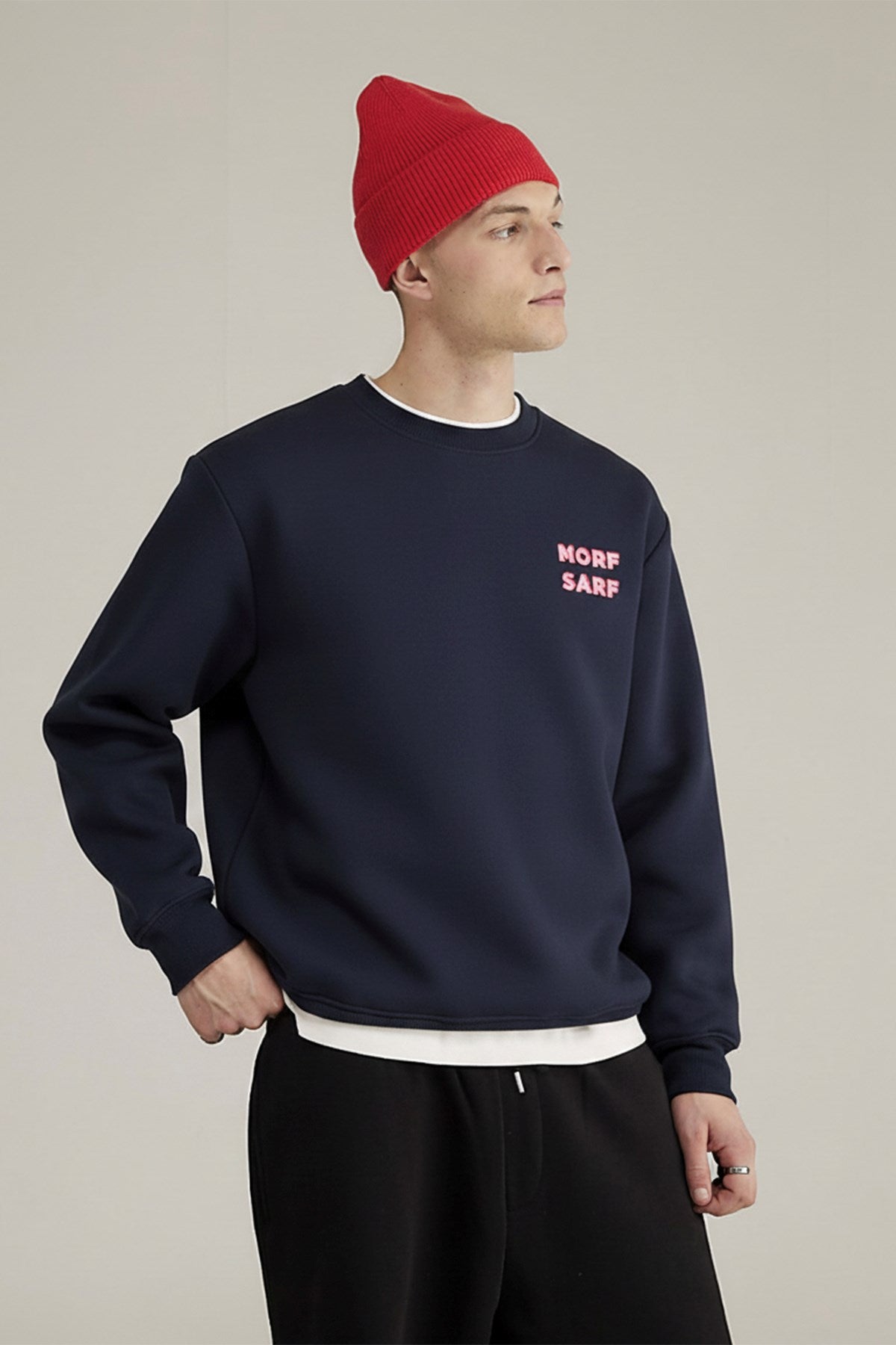 Unisex Oversize Sweatshirt Norf Sarf Harita Baskılı Lacivert – Bisiklet Yaka, 3 İplik Şardonlu Polar