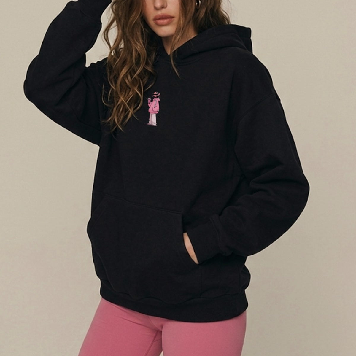 Kadın Oversize Hoodie Pink Kitty Club Baskılı Siyah - Kapüşonlu, Cepli, 3 İplik Polar