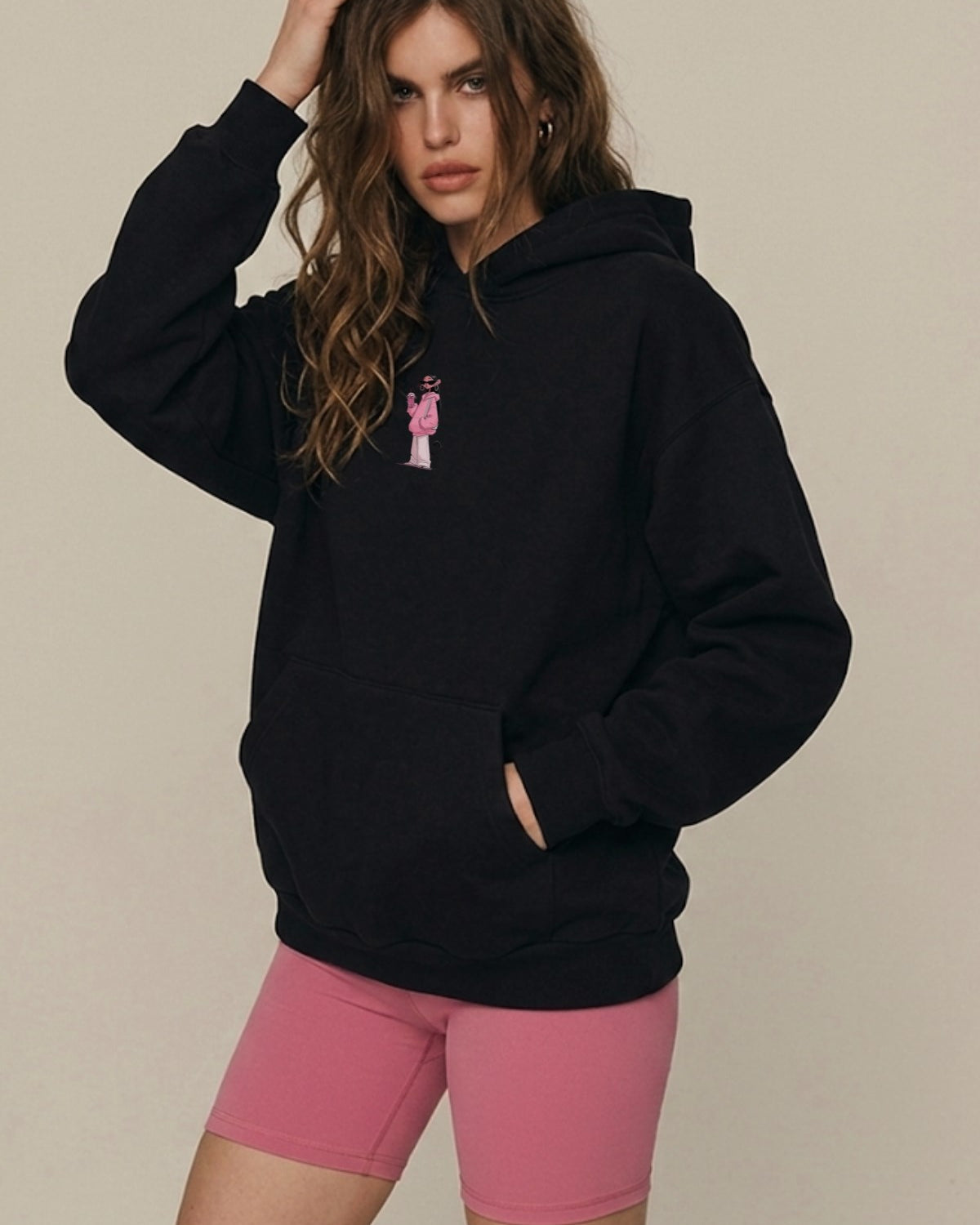 Kadın Oversize Hoodie Pink Kitty Club Baskılı Siyah - Kapüşonlu, Cepli, 3 İplik Polar