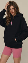 Kadın Oversize Hoodie Pink Kitty Club Baskılı Siyah - Kapüşonlu, Cepli, 3 İplik Polar