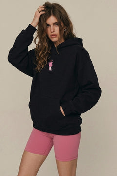 Kadın Oversize Hoodie Pink Kitty Club Baskılı Siyah - Kapüşonlu, Cepli, 3 İplik Polar