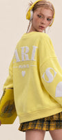 Kadın Oversize Sweatshirt Paris 3D Baskılı Sarı – Bisiklet Yaka, Kol ve Sırt Baskılı, 3 İplik