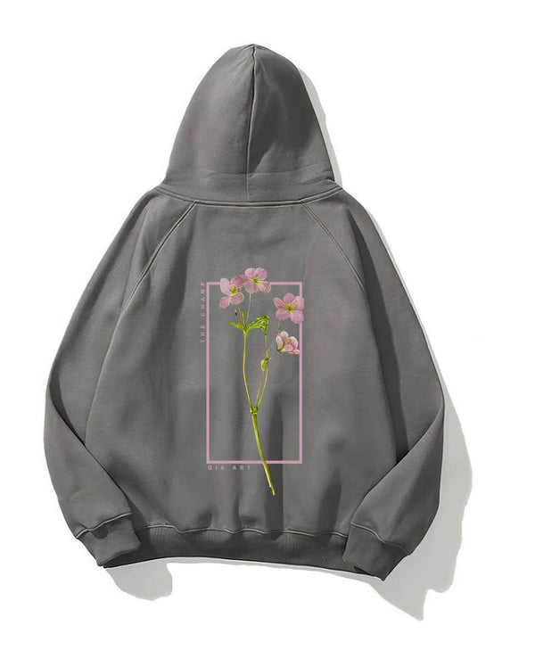 Kapüşonlu İçi Polar Flowers Baskılı Füme Unisex Hoodie Sweatshirt