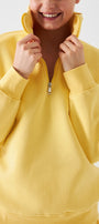 Unisex Oversize Sweatshirt Basic Sarı – Yarım Fermuar Dik Yaka, 3 İplik Şardonlu Polar