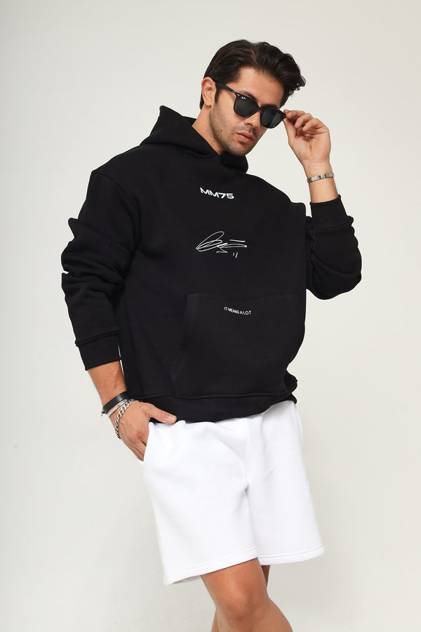 Kapüşonlu İçi Polar MM75 Baskılı Siyah Oversize Hoodie Sweatshirt