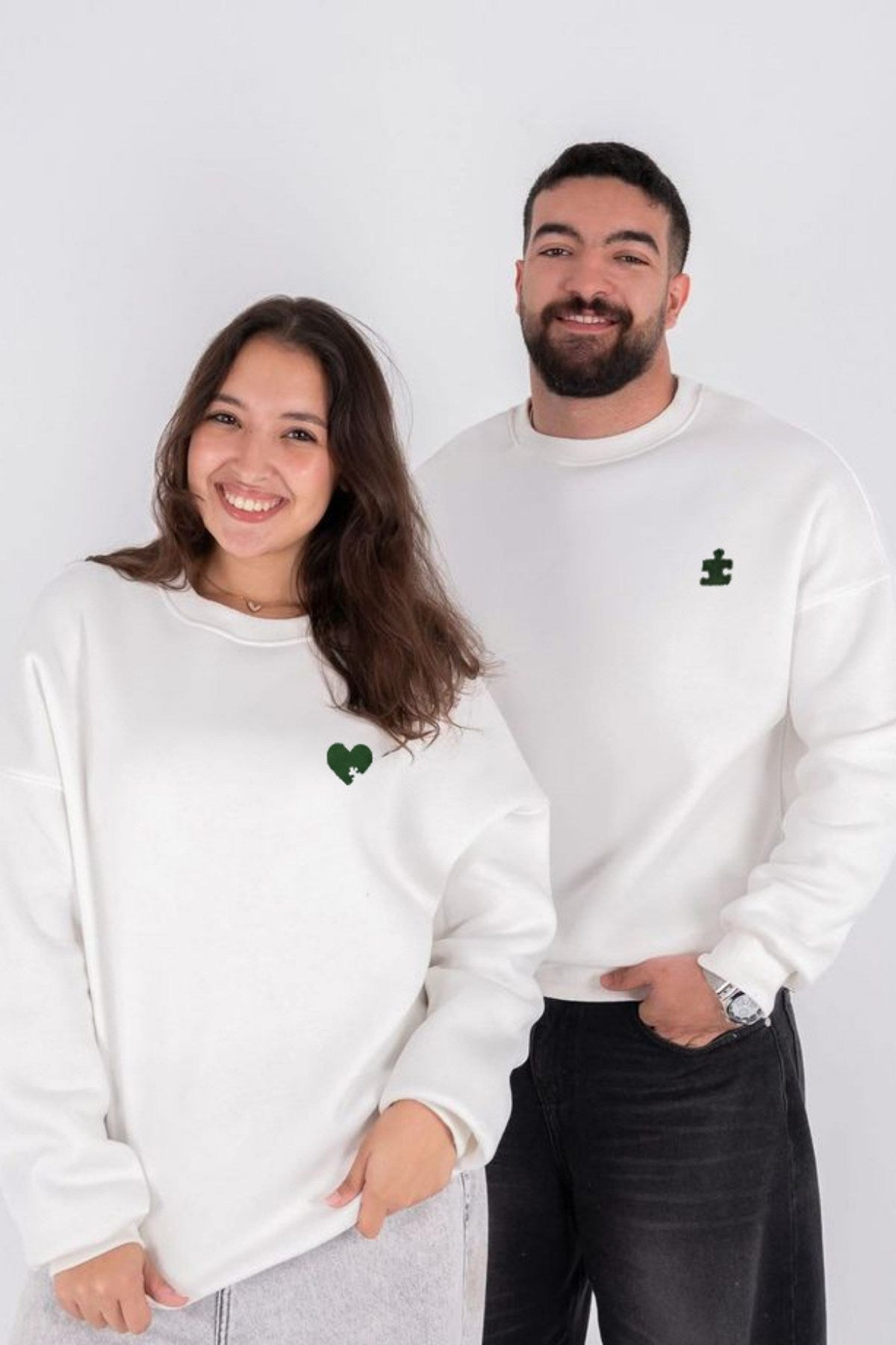 Unisex Oversize Sweatshirt Puzzle Heart Baskılı Beyaz – Bisiklet Yaka, Sevgilergünü, Couple, Hediye