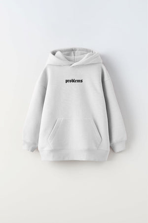 Kapüşonlu İçi Polar Problems Yazılı Heykel Baskılı Beyaz Unisex Çocuk Hoodie Sweatshirt