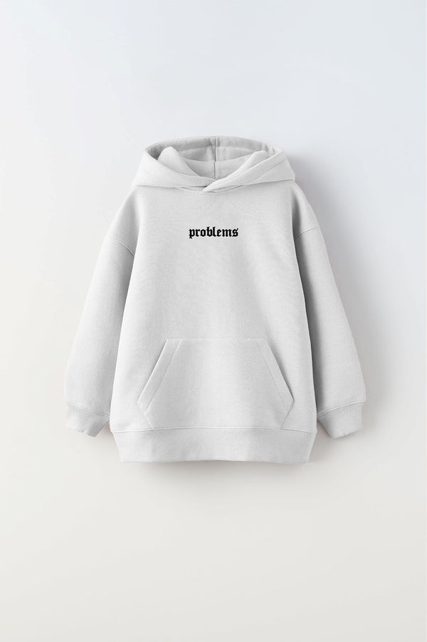 Kapüşonlu İçi Polar Problems Yazılı Heykel Baskılı Beyaz Unisex Çocuk Hoodie Sweatshirt