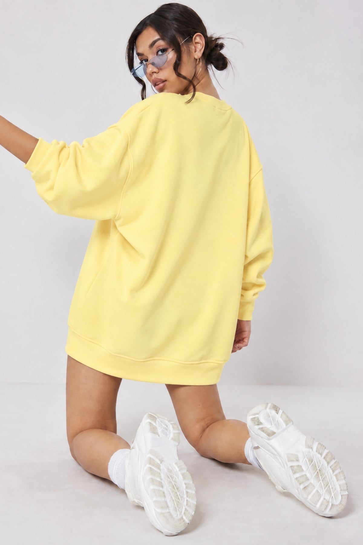 Kadın Oversize Sweatshirt Elbise Sweet Mood Baskılı Sarı – Bisiklet Yaka, 3 İplik Şardonlu Polar