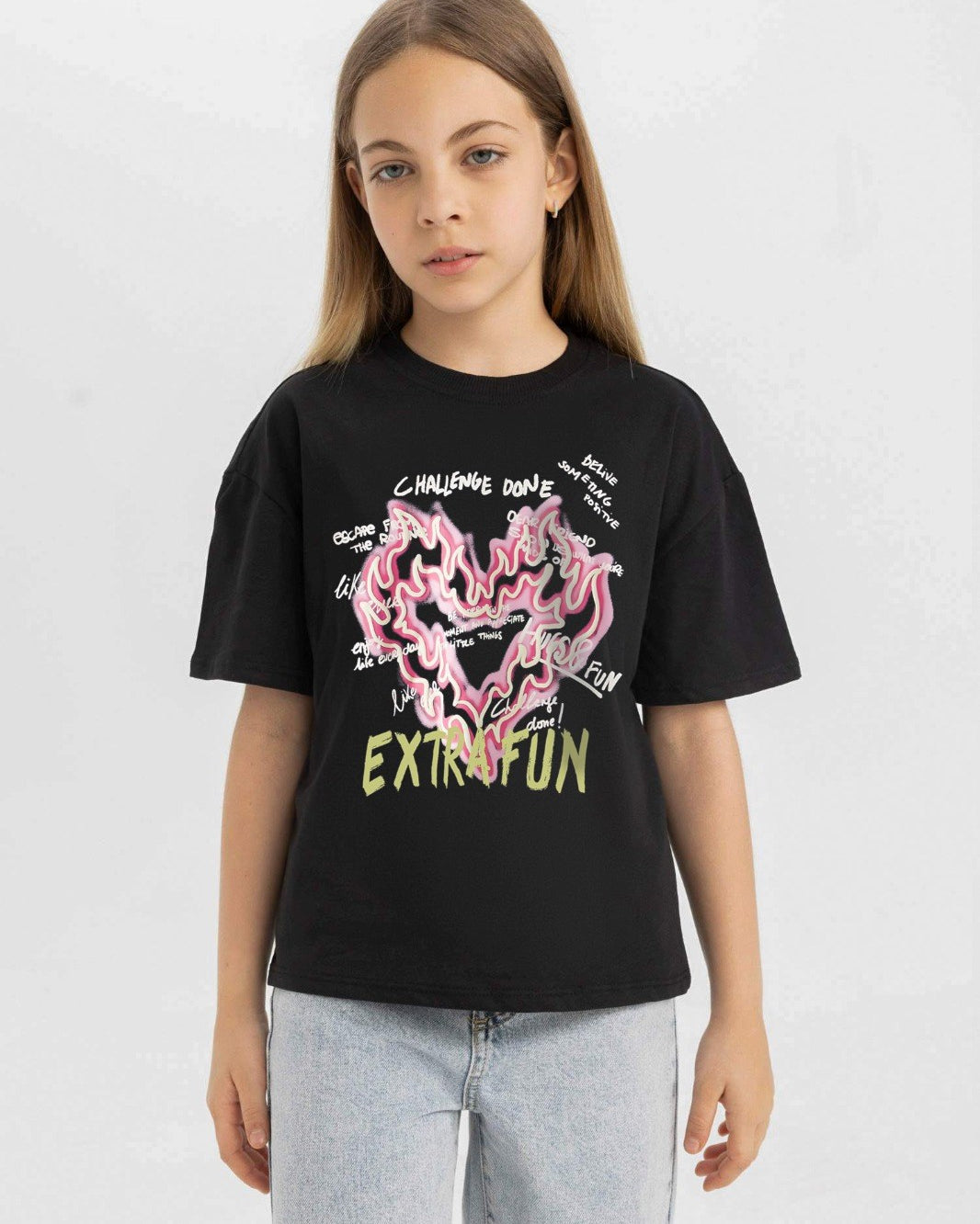 Extra Fun Yazılı Alevli Kalp Tasarım Baskılı Siyah Çocuk T-Shirt