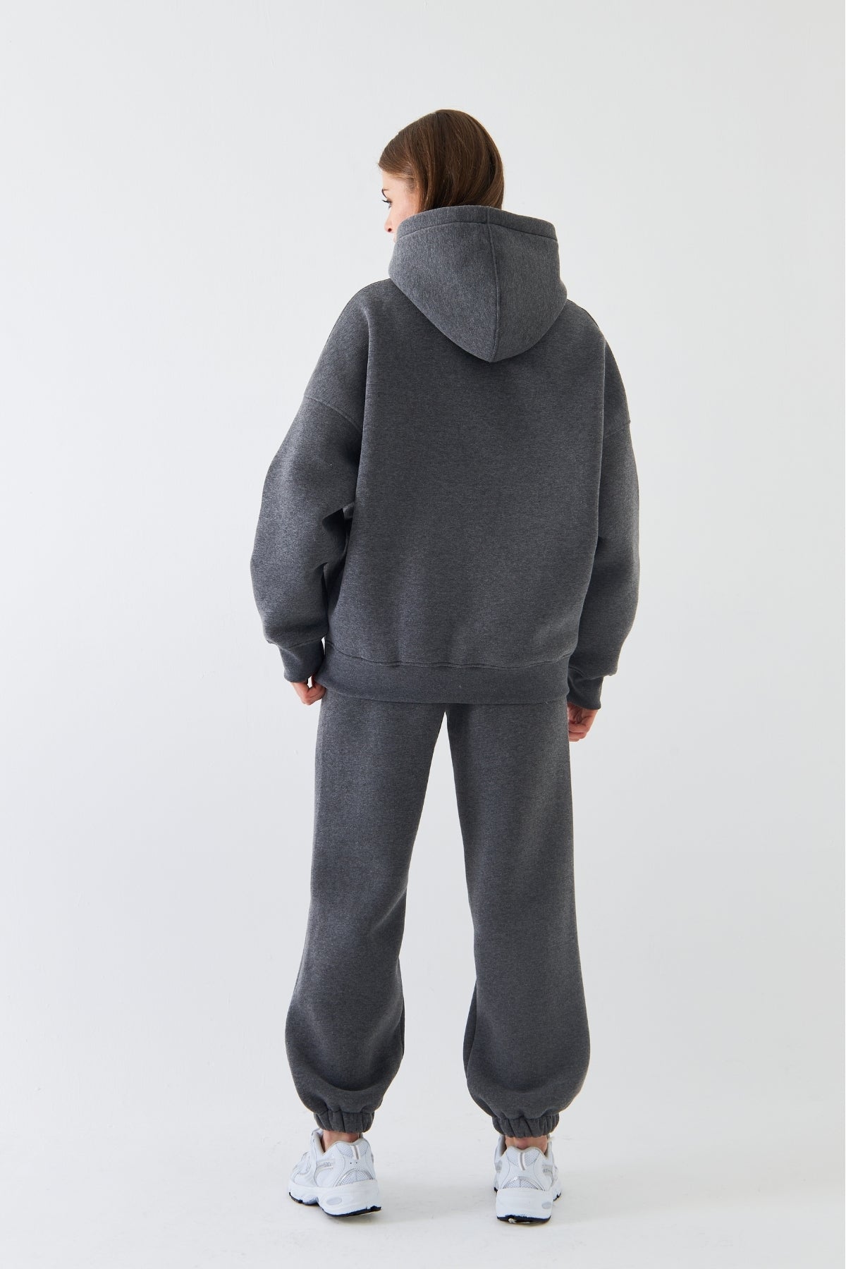 Oversize Unisex Eşofman Takımı Füme Melanj – Basic, 3 İplik Polar; Kapüşonlu Üst, Lastikli Alt