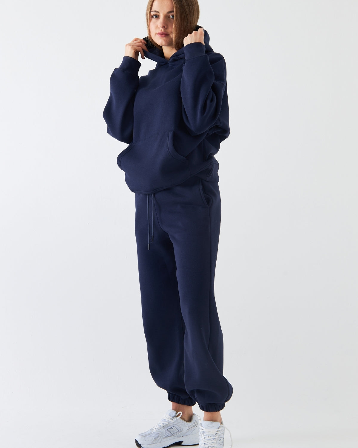 Oversize Unisex Eşofman Takımı Lacivert – Basic, 3 İplik Polar; Kapüşonlu Üst, Lastikli Alt
