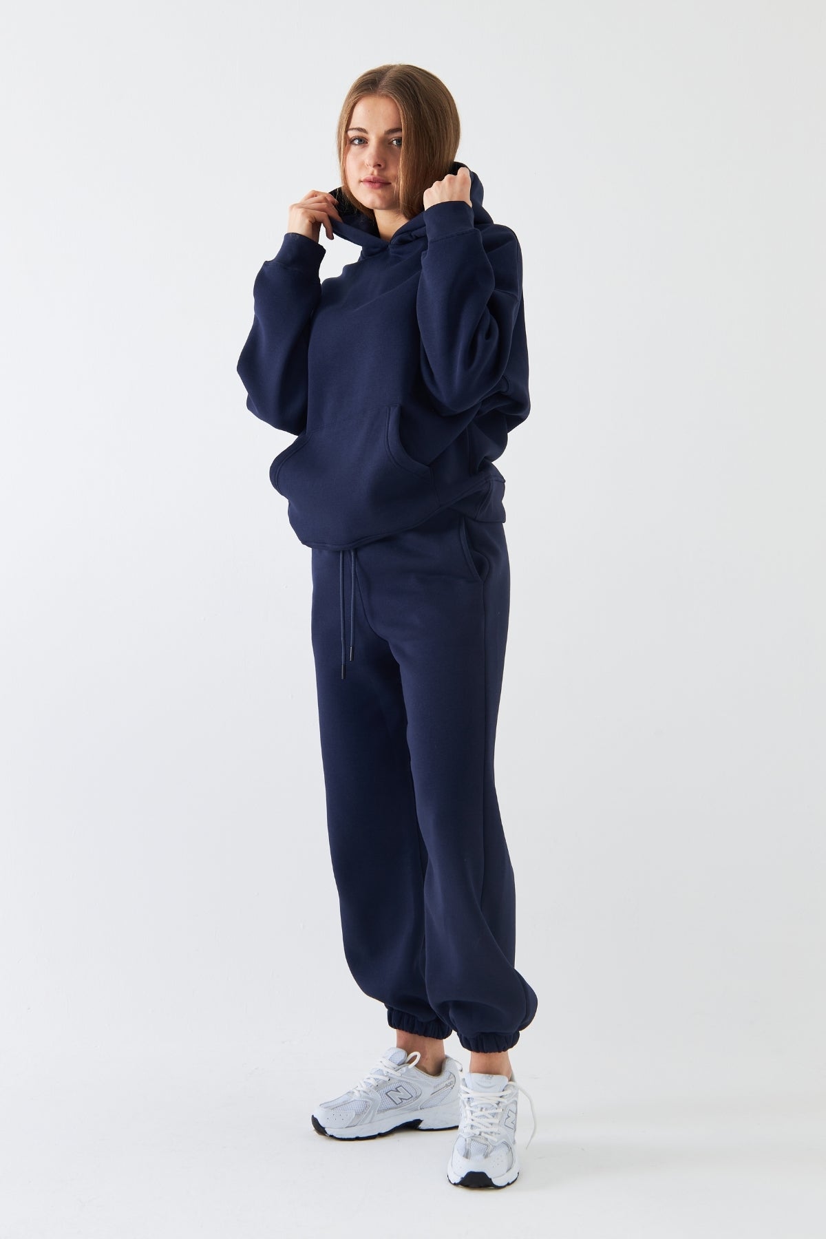 Oversize Unisex Eşofman Takımı Lacivert – Basic, 3 İplik Polar; Kapüşonlu Üst, Lastikli Alt
