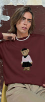 Kadın Oversize Sweatshirt Ballerina Bear Baskılı Bordo – Bisiklet Yaka, 3 İplik Şardonlu Polar
