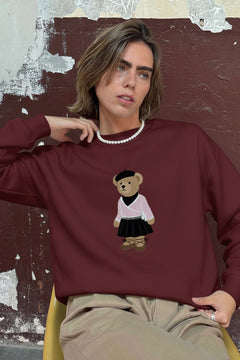 Kadın Oversize Sweatshirt Ballerina Bear Baskılı Bordo – Bisiklet Yaka, 3 İplik Şardonlu Polar