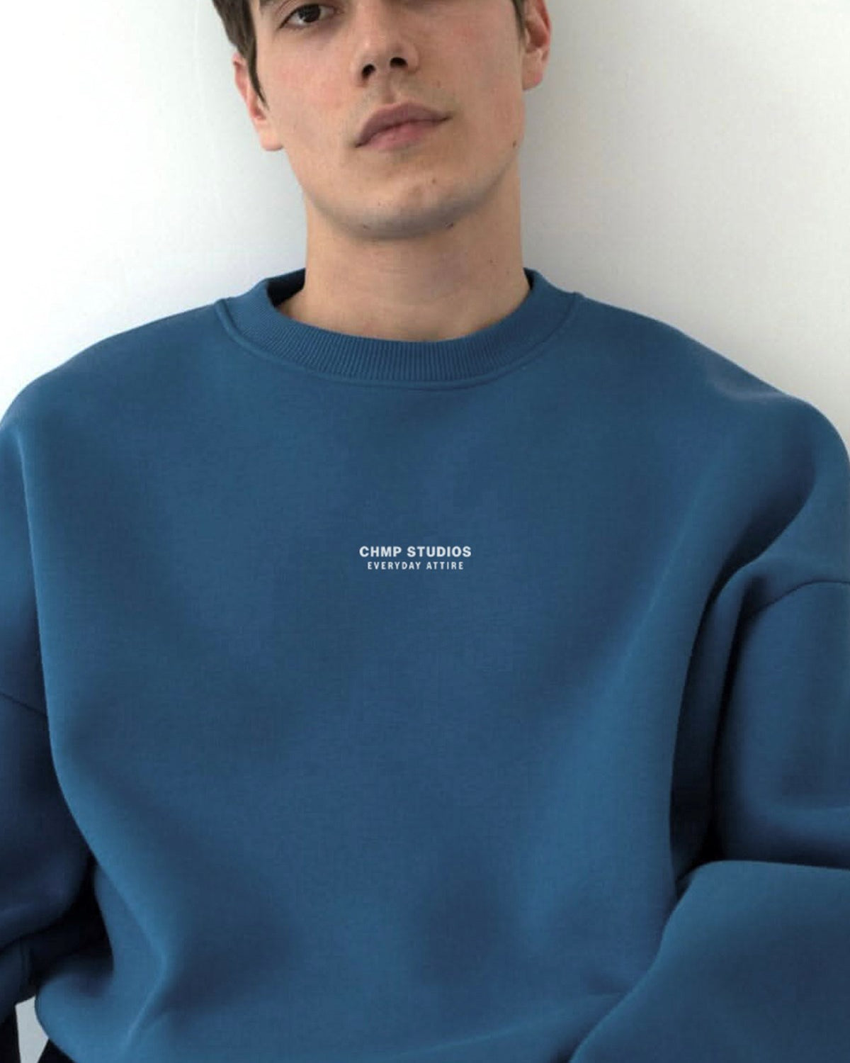 Erkek Oversize Sweatshirt CHMP STUDIOS Marine – Bisiklet Yaka, 3 İplik Şardounlu Polar