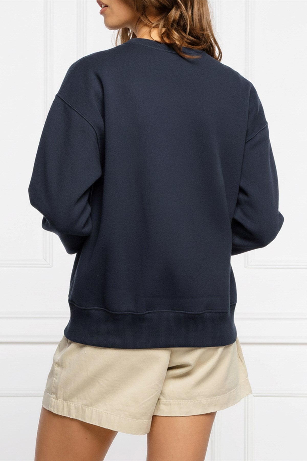 Kadın Oversize Sweatshirt Trench Bear Baskılı Lacivert – Bisiklet Yaka, 3 İplik Şardonlu