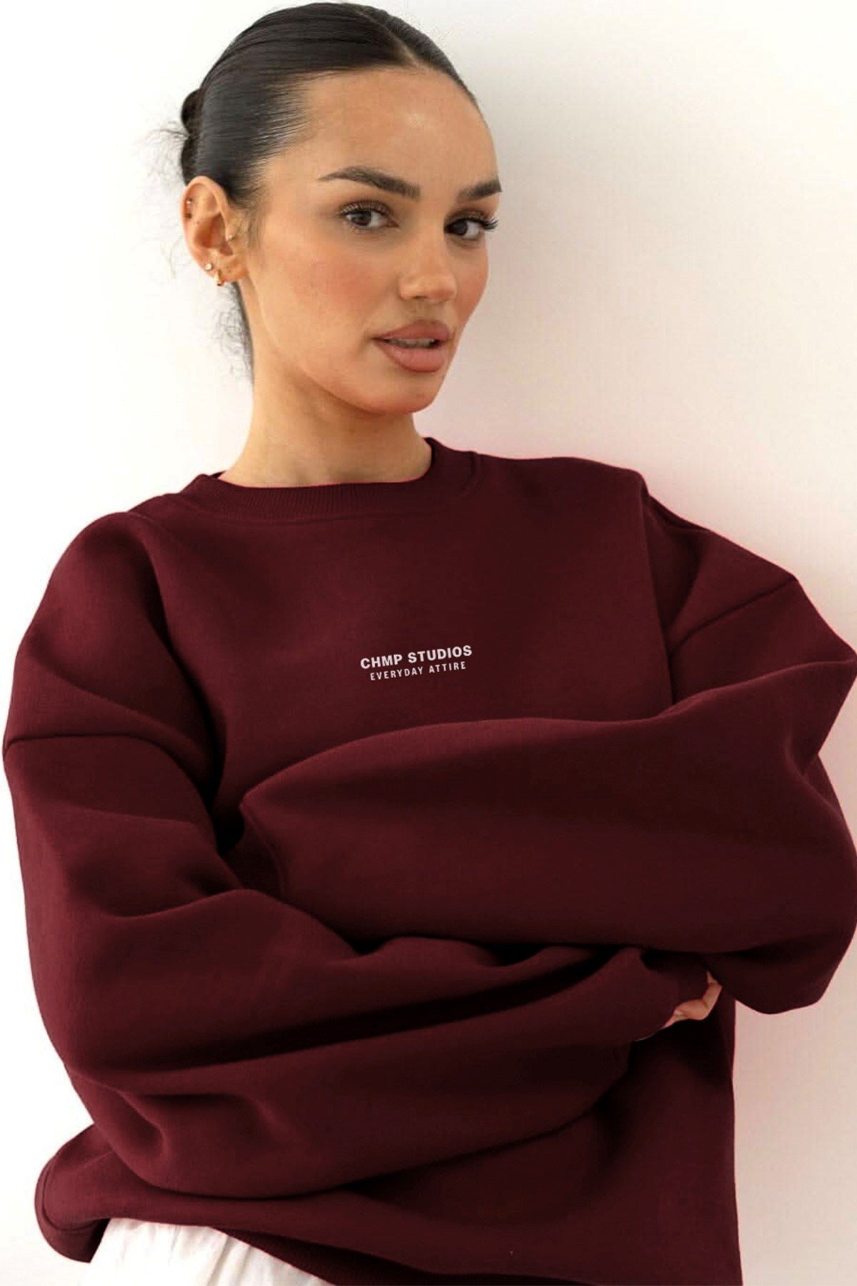 Kadın Oversize Sweatshirt CHMP STUDIOS Bordo – Bisiklet Yaka, 3 İplik Şardounlu Polar