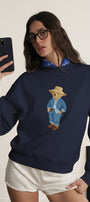 Kadın Oversize Sweatshirt Ranch Bear Baskılı Lacivert – Bisiklet Yaka, 3 İplik Şardonlu Polar