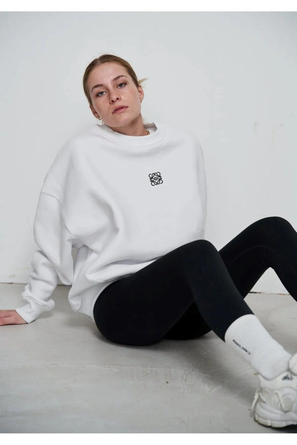 Beyaz Unisex Loewe Yüksek Baskı Bisiklet Yaka Oversize Sweatshirt