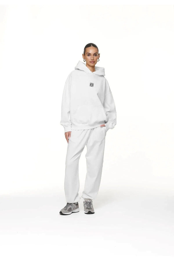 Beyaz Unisex Loewe Yüksek Baskılı Kapüşonlu Kanguru Cepli Oversize Hoodie