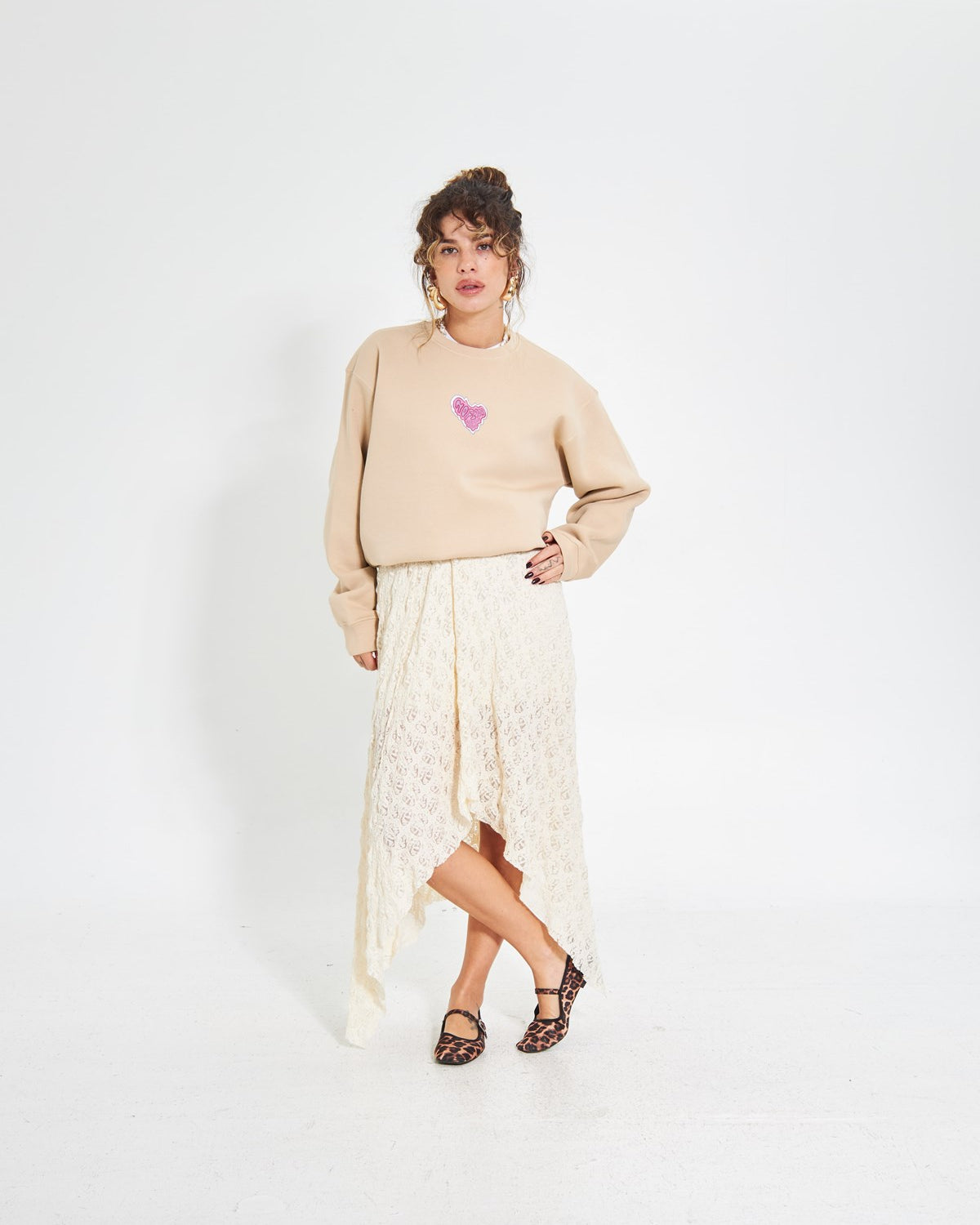 Bej Bisiklet Yaka Kadın No Fear Ön ve Baskılı Oversize Sweatshirt