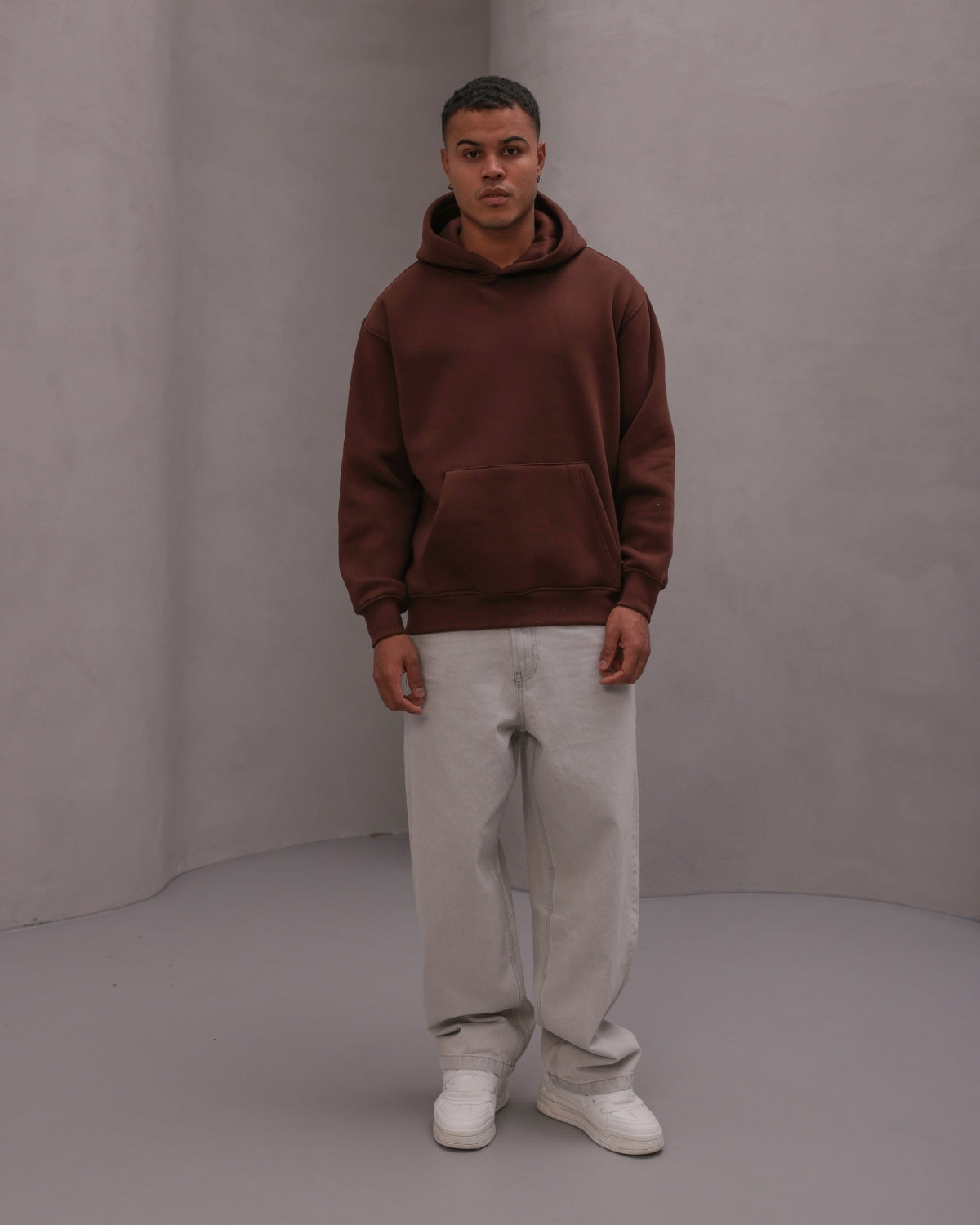 Erkek Oversize Sweatshirt Hoodie Basic Kahverengi – Kapüşonlu, 3 İplik , Kanguru Cepli