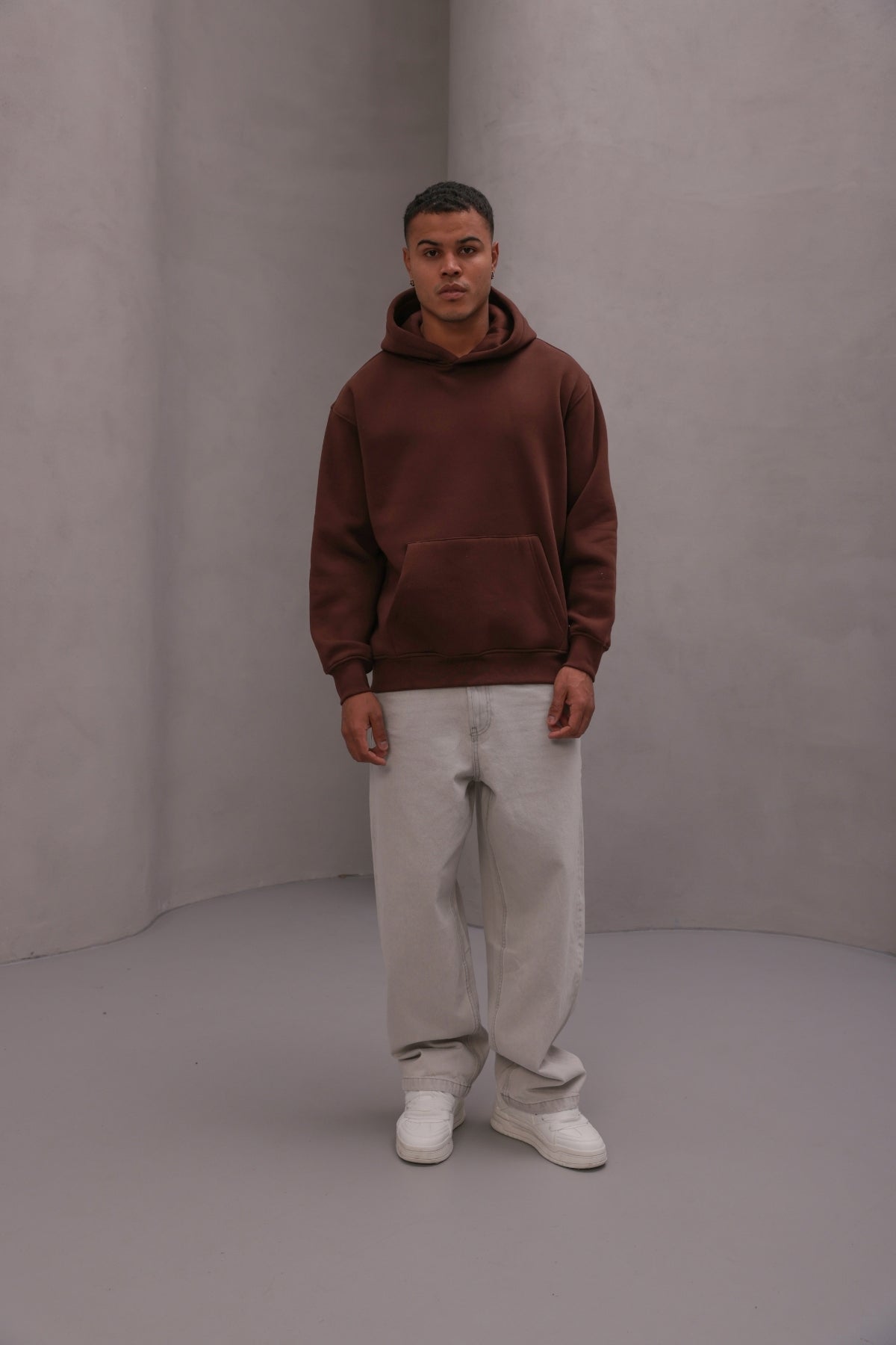 Erkek Oversize Sweatshirt Hoodie Basic Kahverengi – Kapüşonlu, 3 İplik , Kanguru Cepli