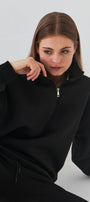 Unisex Oversize Sweatshirt Basic Siyah – Yarım Fermuar Dik Yaka, 3 İplik Şardonlu Polar