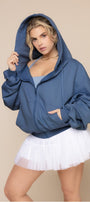 Kadın Koyu Mavi Kapüşonlu Sweatshirt Fermuarlı 3 İplik Şardonlu Oversize Kesim