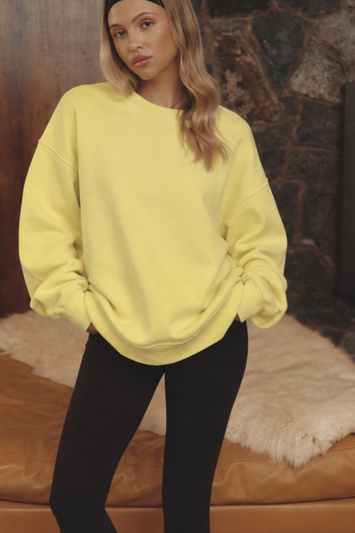 Kadın Oversize Sweatshirt Empathy 3D Baskılı Sarı – Bisiklet Yaka, 3 İplik Şardonlu Polar