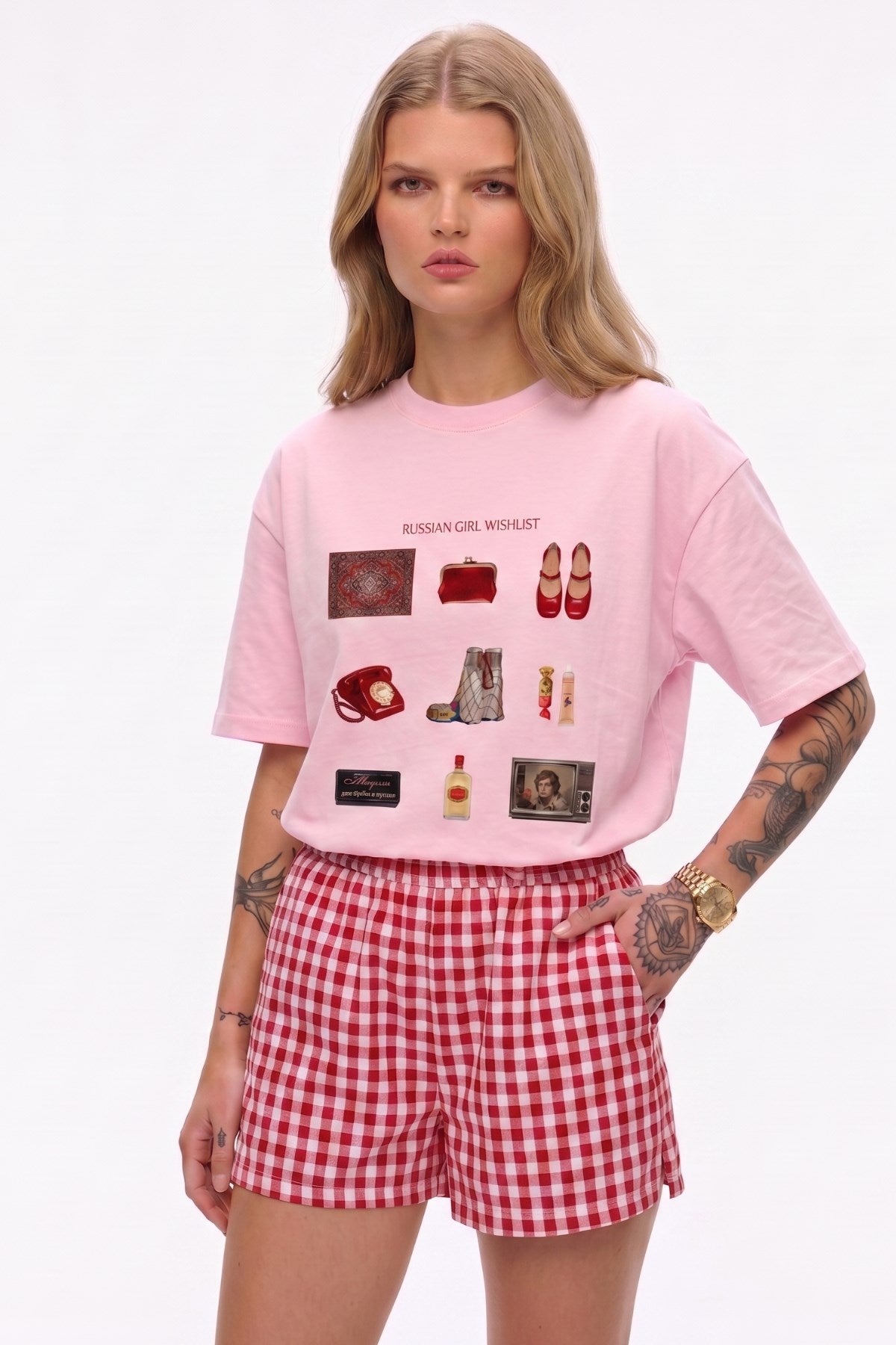 Kadın Oversize Tişört Russian Girl Wishlist Baskılı Pembe – Bisiklet Yaka, Rahat Kalıp, %100 Pamuk