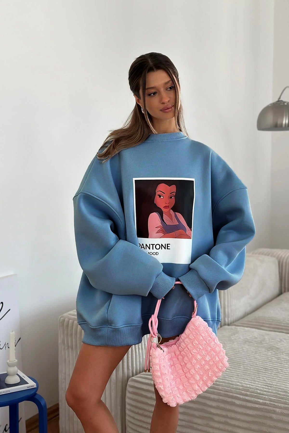 Kadın Oversize Sweat  – 3 İplik Şardonlu Polar, Bisiklet Yaka, Pantone – Prenses Baskılı