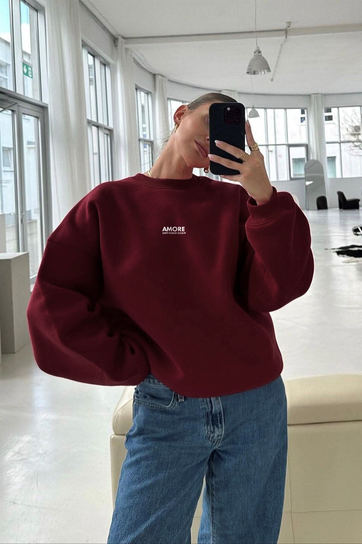 Kadın Oversize Sweatshirt AMORE Bordo – Bisiklet Yaka, 3 İplik Şardounlu Polar