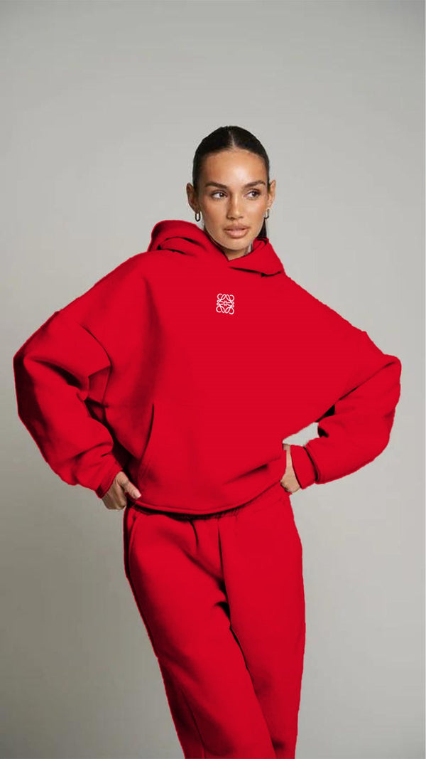 Kırmızı Unisex Loewe Yüksek Baskılı Kapüşonlu Kanguru Cepli Oversize Hoodie