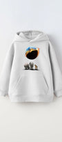 Beyaz Kapüşonlu İçi Polar Burning World And Animals Baskılı Unisex Çocuk Sweatshirt