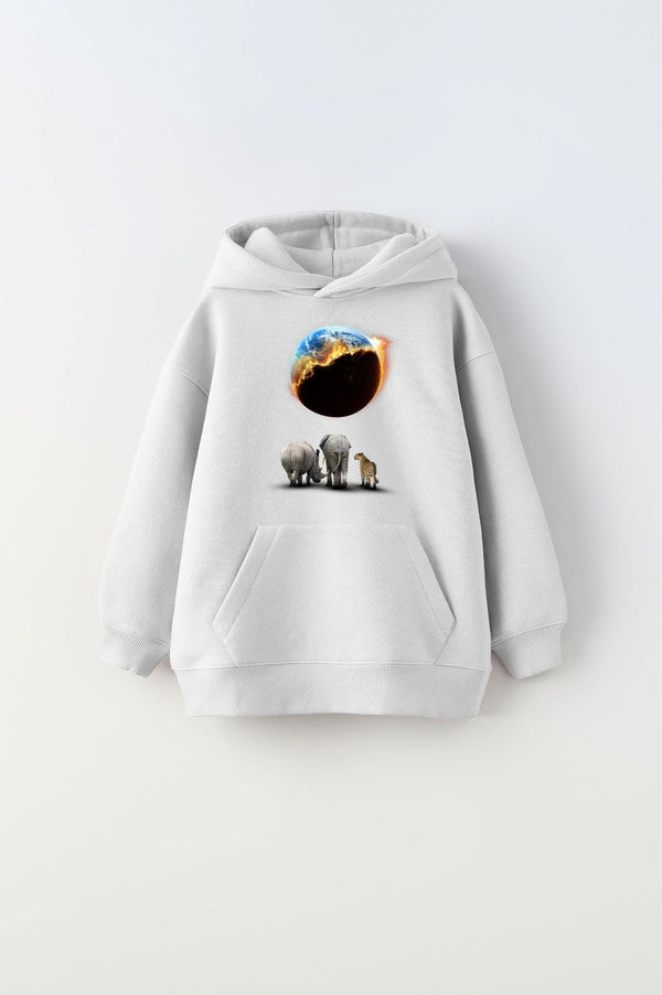 Beyaz Kapüşonlu İçi Polar Burning World And Animals Baskılı Unisex Çocuk Sweatshirt