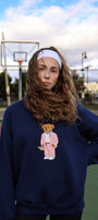 Kadın Oversize Sweatshirt Pink Suit Bear 3D Baskılı Lacivert – Bisiklet Yaka, 3 İplik Şardonlu Polar
