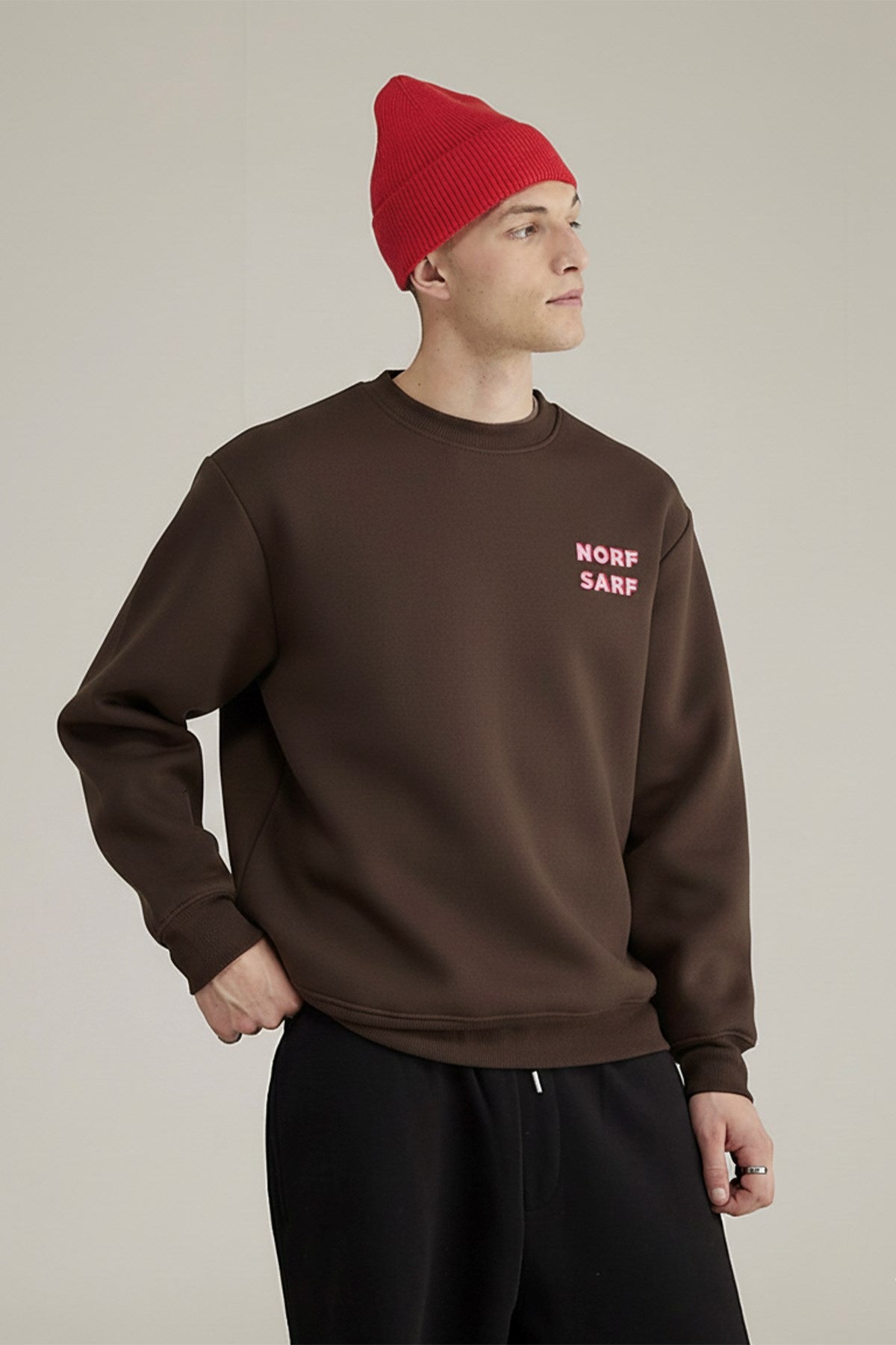 Unisex Oversize Sweatshirt Norf Sarf Harita Baskılı Kahverengi – Bisiklet Yaka, 3 İplik Polar