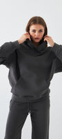  Oversize Unisex Sweatshirt Hoodie Füme – Kapüşonlu, 3 İplik Şardonlu Polar, Kanguru Cepli, Basic